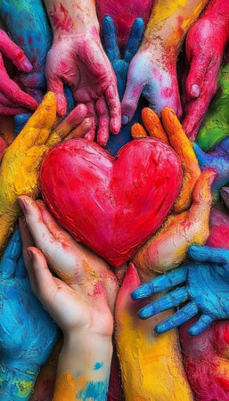 Vibrant Heart, Diverse Hands Symbol of Unity, Social Services, and Community Supportの素材