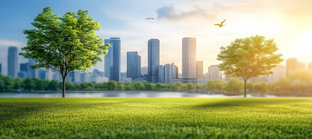 Cityscape Greenery Lush Park With Trees and Vibrant Green Grass Against a Modern City Skylineの素材