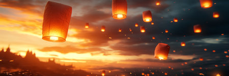 Floating Lanterns in the Warm Pastel Orange Sunset Sky, Festival of Lights and Celebration of Hopeの素材