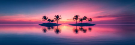 Tranquil Tropical Paradise. Idyllic Island Sunset Scene with Palm Trees and Serene Watersの素材