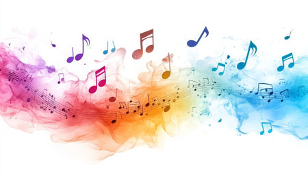 Music Notes and Entertainment Symbols Background , Cheerful Color Palette Design , Vibrant Colorsの素材