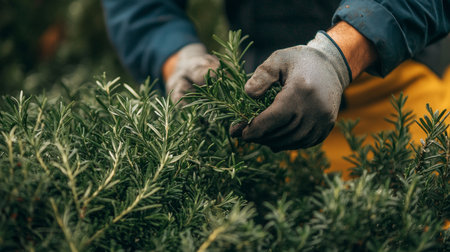 Hands Harvesting Fresh Rosemary Aromatic Culinary Herb Collection in Lush Organic garden.の素材
