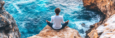 Finding Inner Peace Man Meditates on a Rugged Cliff Edge, Embracing the Ocean s Tranquility.の素材