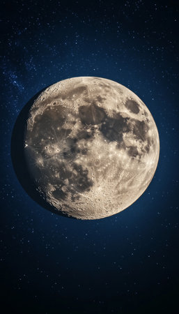 Gibbous Moon in the Night Sky, Detailed Lunar Surface with Craters, Cosmic Backgroundの素材