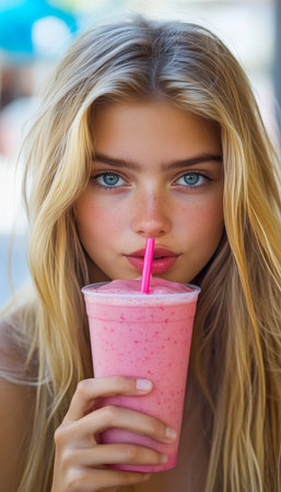 Close-up, Portrait of a Beautiful Young Woman with Blonde Hair Enjoying a Refreshing Pink Smoothie.の素材