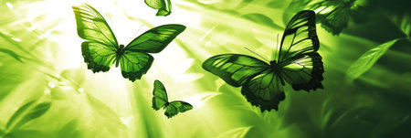 Harmony in Green Delicate Butterflies Gracefully Soaring on Sunbeams, Banner Backgroundの素材