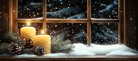 Warm Holiday Ambiance Lit Candles and Pine Branches Adorning a Snow-Covered Windowsill.の素材