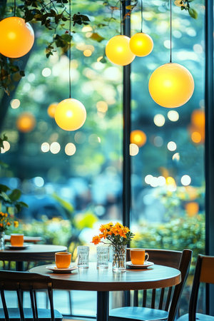 Cozy Cafe Interior with Yellow Hanging Lamps and Blurred City View, Tranquil Atmosphereの素材