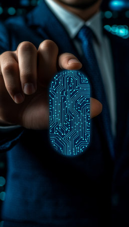 Businessman Using Fingerprint Scan for Secure Access to Business Network, Cybersecurity Concept.の素材