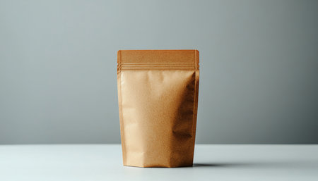 Sustainable Food Storage Isolated Kraft Paper Pouch Mockup on Minimalist Gray Backgroundの素材