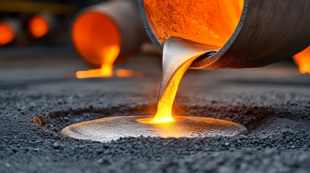 Molten Metal Pouring into Foundry Mold Illustrating the Complex Process of Metal Castingの素材