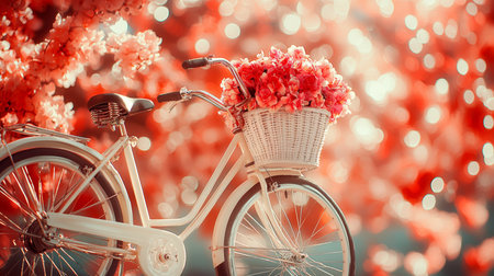 Vintage Bicycle with Flower Basket in Romantic Garden Setting, Spring Fairy Tail Aestheticの素材
