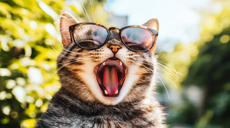 Feline Fashionista Playful Portrait of Tabby Cat in Sunglasses Letting Out a Big Yawn outdoors.の素材