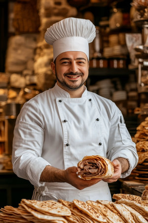 Smiling Baker Proudly Presenting Freshly Baked Bread Roll in a Traditional Bakery Settingの素材