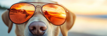 Canine Cool, Headshot of Dog Sporting Mirrored Aviators at Golden Hour Beach Reflectionsの素材