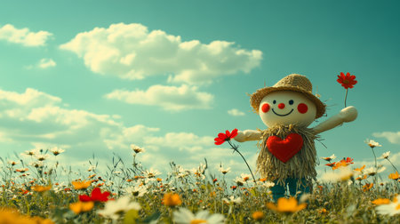 Smiling Scarecrow with Red Heart Amongst Wildflowers, Celebrating Summer s Joy and Rustic Charm.の素材