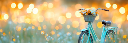 A vintage bicycle adorned with flowers in soft afternoon light for a dreamy fairy tale rideの素材