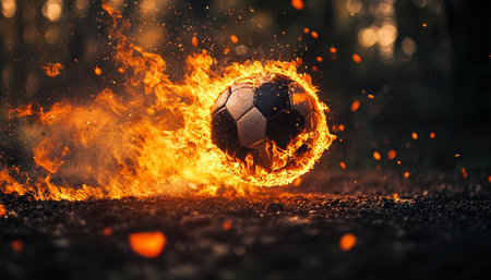 Soccer Ball in Flames, Powerful Sports Concept with a Fiery Background and Dramatic Lightingの素材