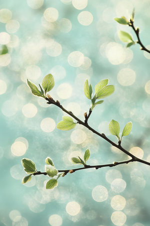 New Growth on Vibrant Green Branch Spring Leaves Emerging Against a Serene Blue Backgroundの素材