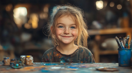 Little Artist Covered in Paint Smiles with Joy, Art Supplies on a Table in a Creative Studioの素材