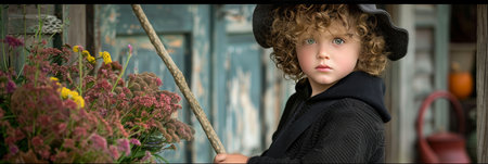 Young Child in Witch Costume Holding Broomstick on a Porch Adorned with Fall Flowers ,の素材