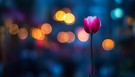 Single Pink Tulip in Bloom amidst Dreamy Bokeh, City Lights at Night, Springtime Floral Beautyの素材