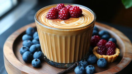 Iced Coffee Delight A Creamy Latte Art Drink Topped with Fresh Berries on a Rustic Wooden Boardの素材