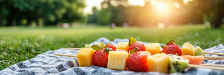 Summer Sunset Picnic Delicious Fresh Fruit Skewers Layered on checkered Blanket in Green Parkの素材