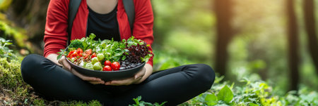 Woman Holding a Bowl of Fresh Salad Outdoors Ideal for Healthy Lifestyle and Vegetarianism Conceptsの素材