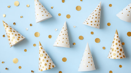 Festive Celebration White and Gold Party Hats Arranged on a Soft Blue Background with Confettiの素材