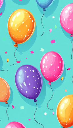 Festive Celebration Background, Cyan Backdrop With Playful Cartoon Balloons in Vibrant Colorsの素材