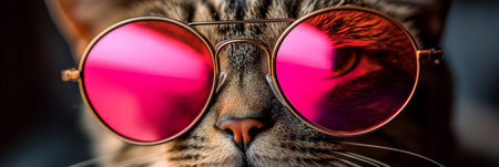 Closeup of Tabby Cat Wearing Oversized Mirrored Aviator Sunglasses, Reflecting Vibrant Colorsの素材