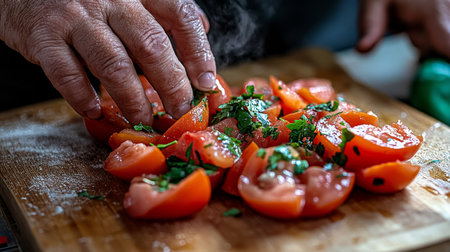 Close-Up, Hands Preparing Fresh Salsa with Vibrant Chopped Tomatoes, Cilantro on Cutting Boardの素材