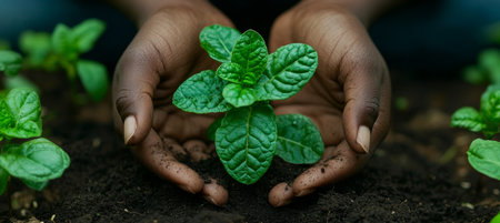 Hands Gently Planting A Seedling Into The Ground, New Life, Growth, And Environmentalism Conceptの素材
