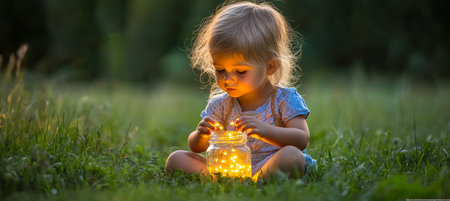 Little Girl with Blond Hair Holding Glowing Jar Outdoors on Grass, Childhood Wonder. Summer Evening.の素材