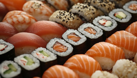 Assortment of Freshly Made Sushi Rolls, Perfect for Food Photography and Culinary Blogsの素材