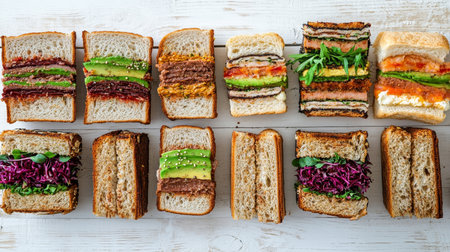 Assortment of Healthy Vegetarian Sandwiches, Vibrant and Fresh Ingredients, White Wooden Backgroundの素材