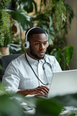 Focused Black Doctor in Headphones Using Laptop, Telemedicine and Online Healthcare.の素材