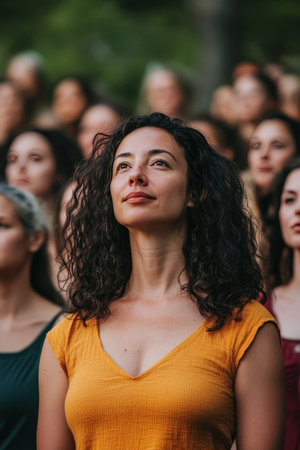 Hopeful Woman Surrounded By Crowd Of Women, Concept Of Empowerment, Unity, And Supportの素材