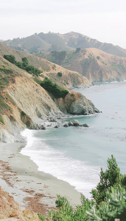 Serene California Coastline, Tranquil Ocean Vista Coastal Cliffs, Azure Waters, and Sandy Shoresの素材