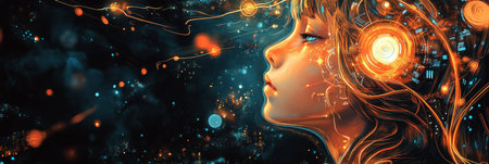 Portrait of a Young Woman Merged with Glowing Circuits and Holographic Elements, AI, Futuristic Artの素材