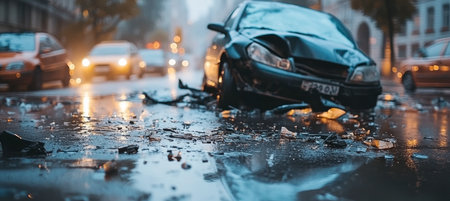 Crashed car on the road after traffic accident at rainy night. Risk of driving in the rain.の素材