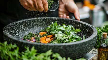 Fresh, Vibrant Summer Salad Being Tossed With Herbs Healthy Eating and Cooking Conceptの素材