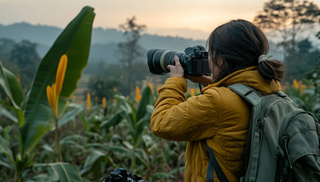 Female Photographer Adjusting Camera In Lush Green Field With Mountain Vista, Sunrise Backgroundの素材