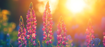 Blooming Wildflowers At Sunset Vibrant Lupine Flowers Bathed In Golden Hour Sunshineの素材