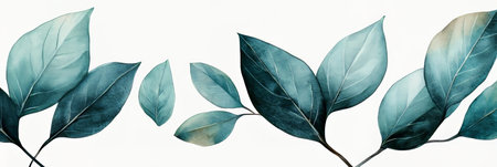 Hand. Painted Watercolor Composition, With Forest Themed Leaves in Shades of Teal adn Gray Greenの素材
