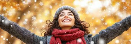 Joyful Woman Embraces the Magic of a Snowy Day, Finding Happiness in Winter Wonderlandの素材