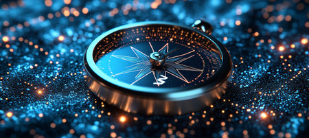 Digital Compass Amongst Glowing Data, Symbolizing Navigation And Guidance Through Technologyの素材