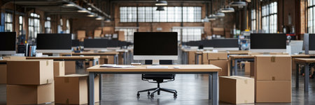 Empty desks and cardboard boxes signify a company s relocation to a new office space.の素材
