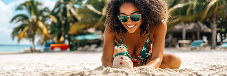 Beautiful Woman Building Snowman on Sunny Beach, Enjoying Christmas Vacation in Tropical Paradiseの素材